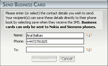 The Send Business Card screen doesn't let users hit the send button before they have filled in all required fields.